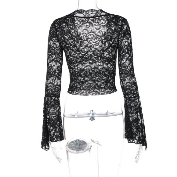 NEW Y2K Goth Lace Flared Sleeve Blouse - Picture 4 of 6